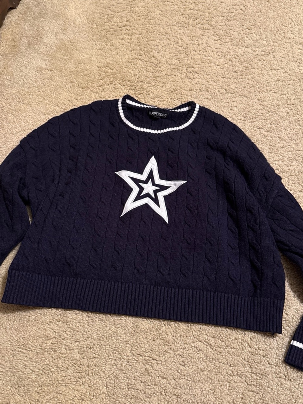 Harper Navy Crewneck Cable Sweater with White Star